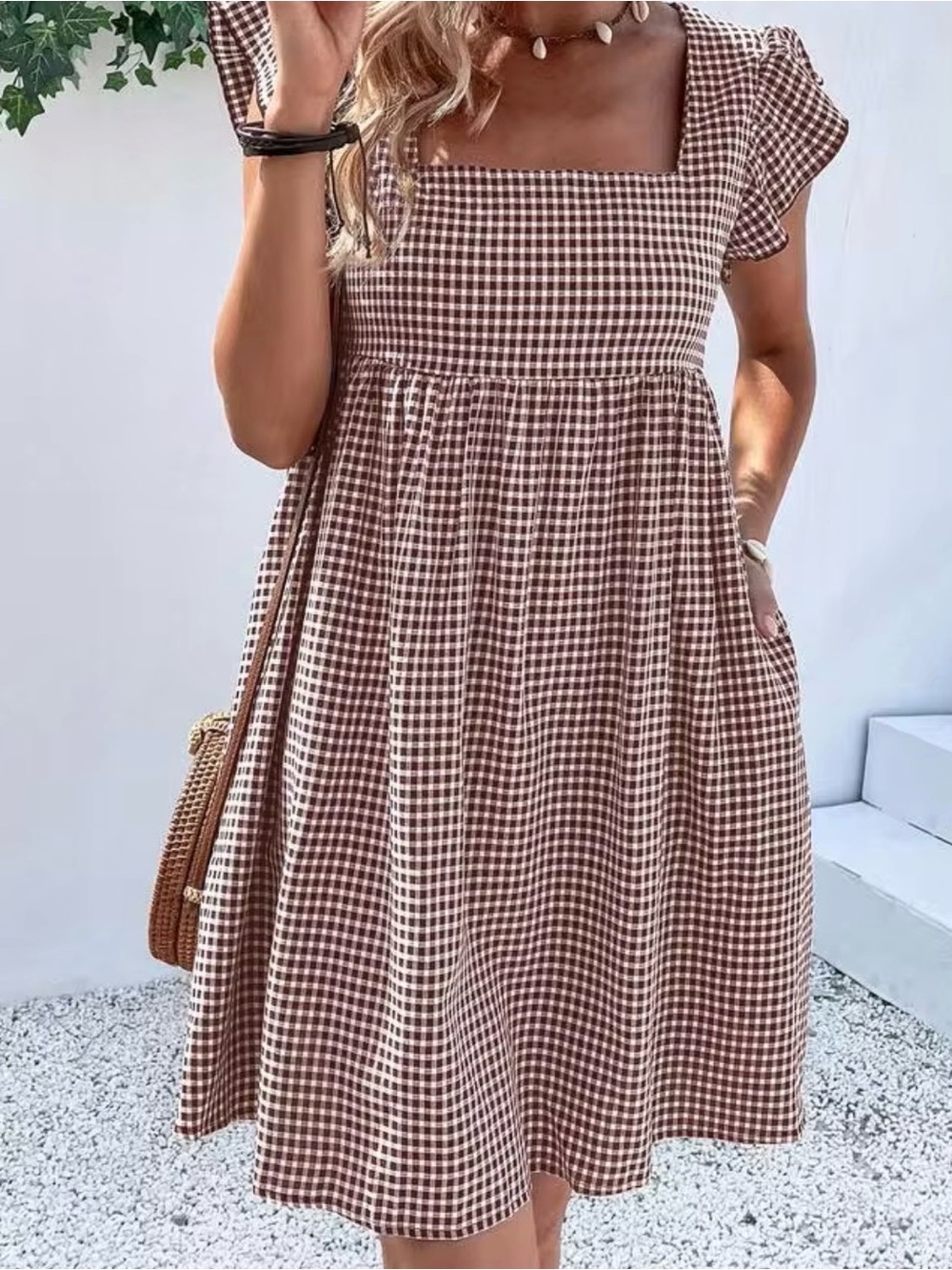 SHEIN - Brown Gingham Square-Neck Babydoll Dress